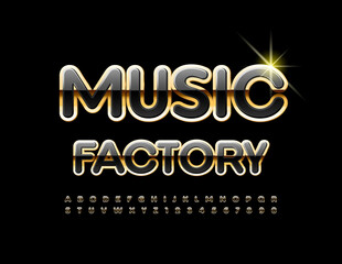 Vector creative sign Music Factory. Stylish Black and Gold Font. Modern Alphabet Letters and Numbers set