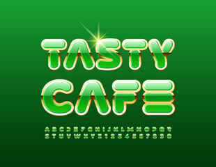 Vector chic logo Tasty Cade. Abstract style Font. Green and Gold Alphabet Letters and Numbers set