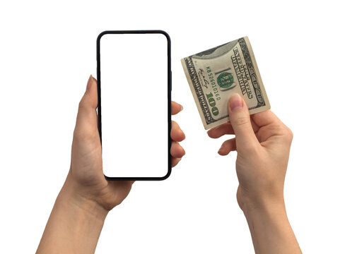 Financial payment with dollar money and mobile phone, blank white screen mockup, hands with cryptocurrency coin isolated on a white background photo
