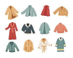 Vector set of vinter clothes. Different types of coats and jackets. - obrazy, fototapety, plakaty