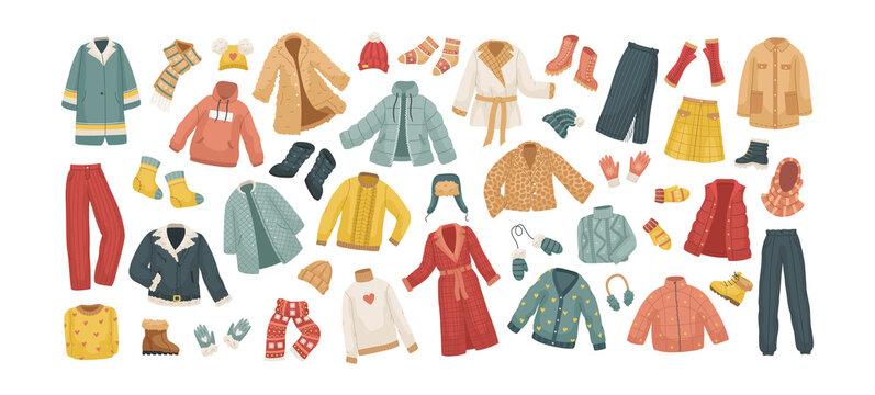 The vector set of winter clothes. Coats, hats, gloves, shoes and socks.