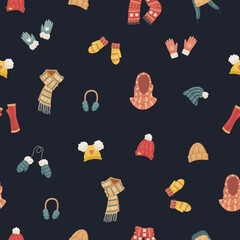 Vector seamless pattern with winter hats. Hat, snood, headphones, gloves, mittens, blowjobs.