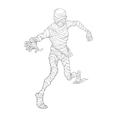 Fototapeta na wymiar Egyptian Pharaoh Mummy crawling and reaching out. Halloween character design. Black and white line drawing isolated on white background. EPS10 Vector illustration.