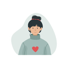 Vector illustration of a girl in a warm knitted sweater with a high neck. Winter clothing.