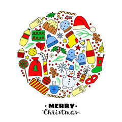 Christmas and New Year doodle items in circle.