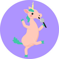 Cute cartoon unicorn horse unicorn singing in microphone. Vector illustration of fantasy happy animal.