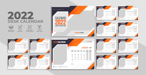 2022 corporate business print ready desk calendar template design. New year modern office calendar with abstract geometric graphic. Annual or monthly planner with logo and icon.      - obrazy, fototapety, plakaty