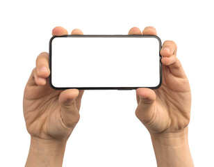 Man showing blank white screen of mobile phone, mockup with copy space, isolated on a white background with clipping path photo