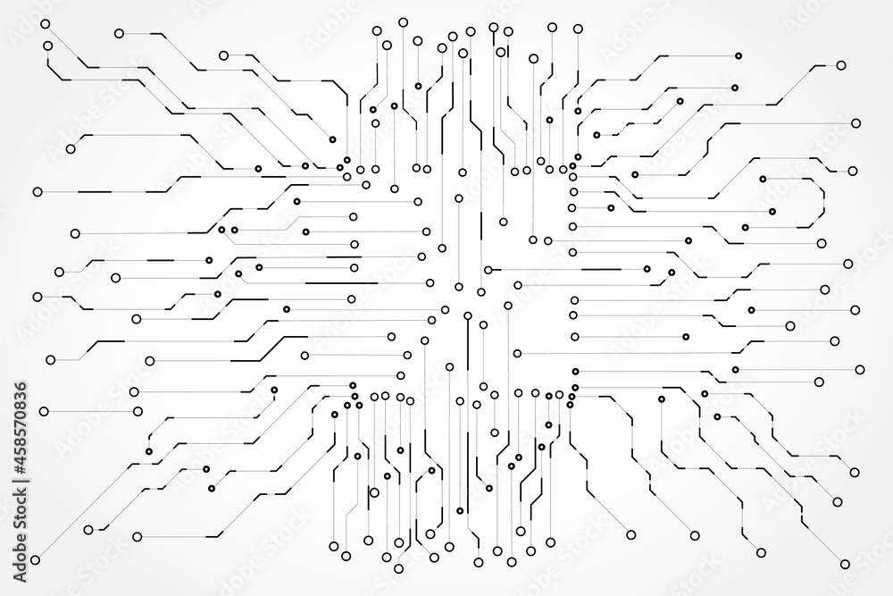 Poster Circuit Board Technology Information Pattern Concept Vector Background. Grayscale Color Abstract PCB Trace Data Infographic Design Illustration