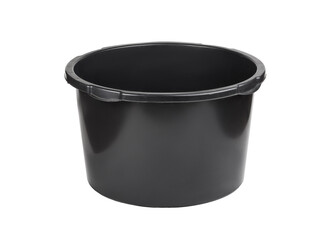 Plastic empty round shaped container of black color placed on white isolated background