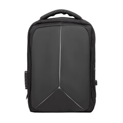 Black backpack for laptop isolated on white background. Front view of black modern backpack.