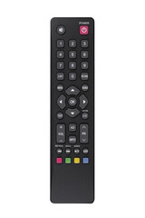 Top view of black modern remote controller from TV set with colorful buttons on white isolated background