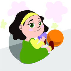 
Little girl plays with a ball. Girl sitting and smiling