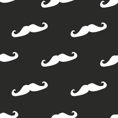 Seamless vector pattern, background or texture with white curly vintage retro gentleman mustaches on black background