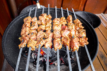 Russian shashlik with skewers on a round grill.