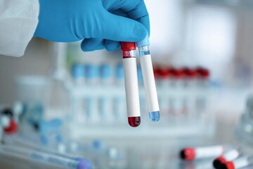 Scientist hold blood sample tube for A covid-19 vaccine. Doctor's hand holds a bottle with a...