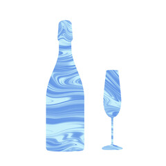 Champagne bottle and glass with blue texture. Holiday decoration element. 