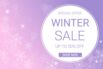Winter sale horizontal banner template. Discount text on pink and purple gradient background with snowflakes
