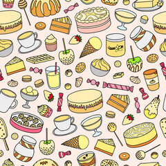 Seamless pattern with hand drawn white chocolate desserts.