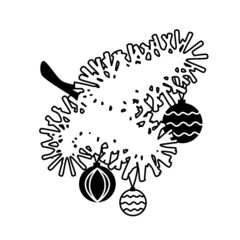 A Christmas branch decorated with toys . Vector illustration with doodles on an isolated background. A simple contour drawing is suitable for festive decor, stickers, printing.