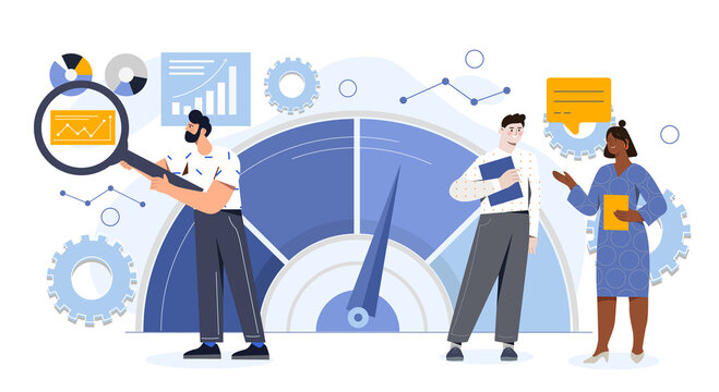 Modern benchmarking as business compare tool for improvement. Concept of performance, quality and cost comparison to competitor companies. Flat cartoon vector illustration