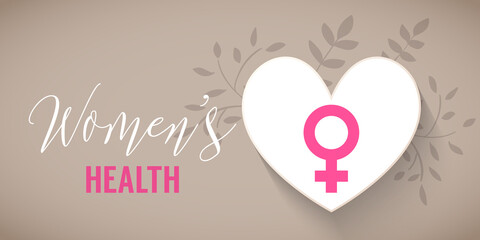 White paper heart with pink female sign background. Womens health lettering. Poster for healthcare campaign - 458575014