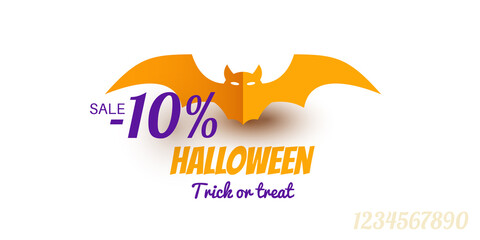 10 Percent Sale Offer Halloween Background with Yellow Paper Bat. Trick or treat lettering. Vector illustration for holiday salling designs - 458575044