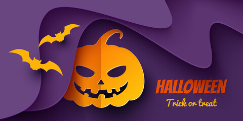 Halloween Paper Background with Orange Pumpkin and Bats. Trick or treat lettering. Vector illustration for holiday designs - 458575064