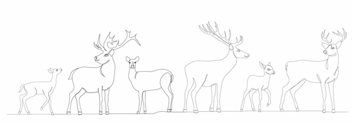 Fototapeta na wymiar single continuous line drawing of deer with fawns