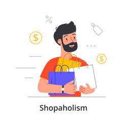 Cheerful bearded male character is suffering from shopoholism on white background. Various characters struggling with unhealthy habits with harmful consequences. Flat cartoon vector illustration
