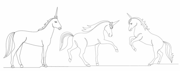 Plakat one continuous line drawing of unicorns