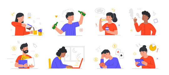 Set of scenes with male and female characters suffering from unhealthy habits on white background. Concept of unhealthy lifestyle, overweight kids, obesity, junk food. Flat cartoon vector illustration