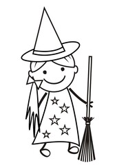 Witch with broomstick, cute vector illustration, coloring book