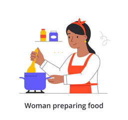 Young cute female character is preparing a dish at home using a pot on white background. Concept of different people trying to cook at home alone. Flat cartoon vector illustration