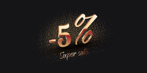 5 Percent Salling Background with golden shiny numbers on black. Super sale text. Black friday or new year discount design template - 458576018