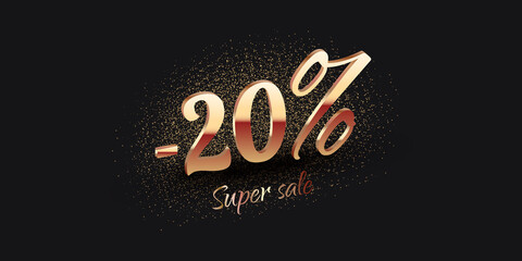 20 Percent Salling Background with golden shiny numbers on black. Super sale text. Black friday or new year discount design template - 458576067