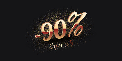 90 Percent Salling Background with golden shiny numbers on black. Super sale text. Black friday or new year discount design template - 458576212