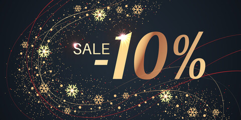 10 Percent Sale Background with golden shiny numbers and snowflakes on black. New Year, Christmas and Black Friday holiday discount design template. Seasonal promotion poster - 458576229