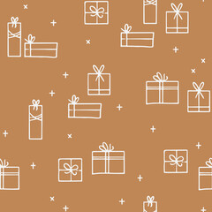Hand drawn vector seamless pattern with line art gift boxes with bows. Festive endless background for Christmas design, winter holidays and birthdays. Simple festive illustration