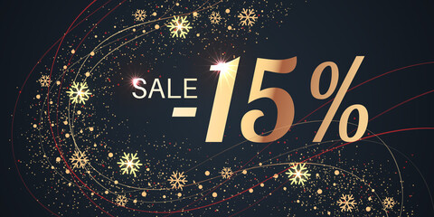 15 Percent Sale Background with golden shiny numbers and snowflakes on black. New Year, Christmas and Black Friday holiday discount design template. Seasonal promotion poster - 458576252