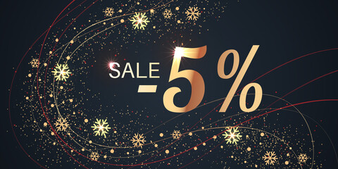 5 Percent Sale Background with golden shiny numbers and snowflakes on black. New Year, Christmas and Black Friday holiday discount design template. Seasonal promotion poster - 458576264