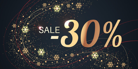 30 Percent Sale Background with golden shiny numbers and snowflakes on black. New Year, Christmas and Black Friday holiday discount design template. Seasonal promotion poster - 458576283