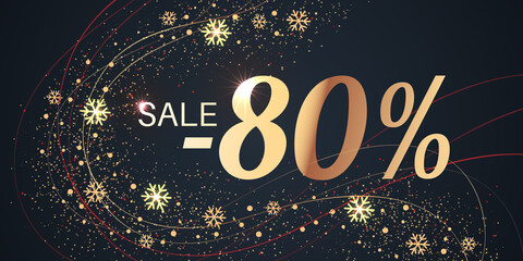 80 Percent Sale Background with golden shiny numbers and snowflakes on black. New Year, Christmas and Black Friday holiday discount design template. Seasonal promotion poster - 458576401