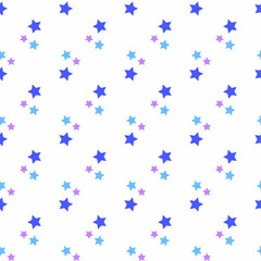 Seamless pattern with blue and lilac stars on a white background. Use for fabric, wrapping paper, wallpaper, print, backdrops, baby clothes, napkins, bags, merchandise, clothing, and artwork.