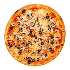 Isolated pizza with mushrooms and olives on white background