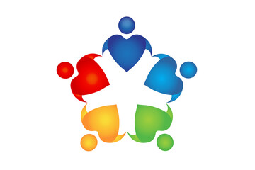 Teamwork unity love heart people logo charity nonprofit organization diversity concept vector image design  five people holding hands