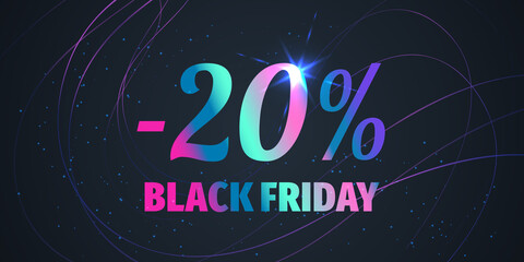 20 Percent Black Friday Sale Background with shiny gradient numbers on black. Holiday discount design template. Seasonal promotion poster - 458576496