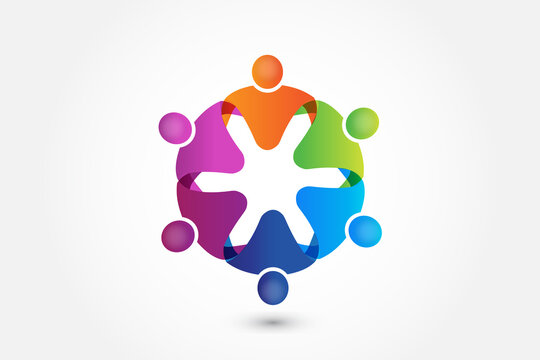 Teamwork friendship party six people concept of leader cooperation workers friends unity charity nonprofit organization diversity concepts logo vector image design 