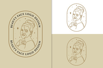 Hand drawn feminine woman beauty minimal face and floral botanical logo template for makeup spa salon skin & hair care line art portrait vector printable illustration design