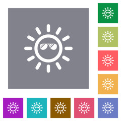 Sun with glossy sunglasses square flat icons